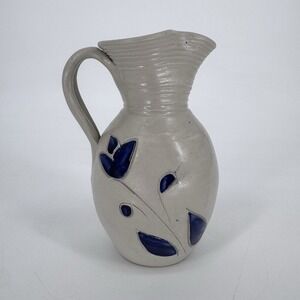 Vintage Williamsburg Pottery Salt Glaze Pitcher Cobalt Blue Tulip Leaf Farmhouse